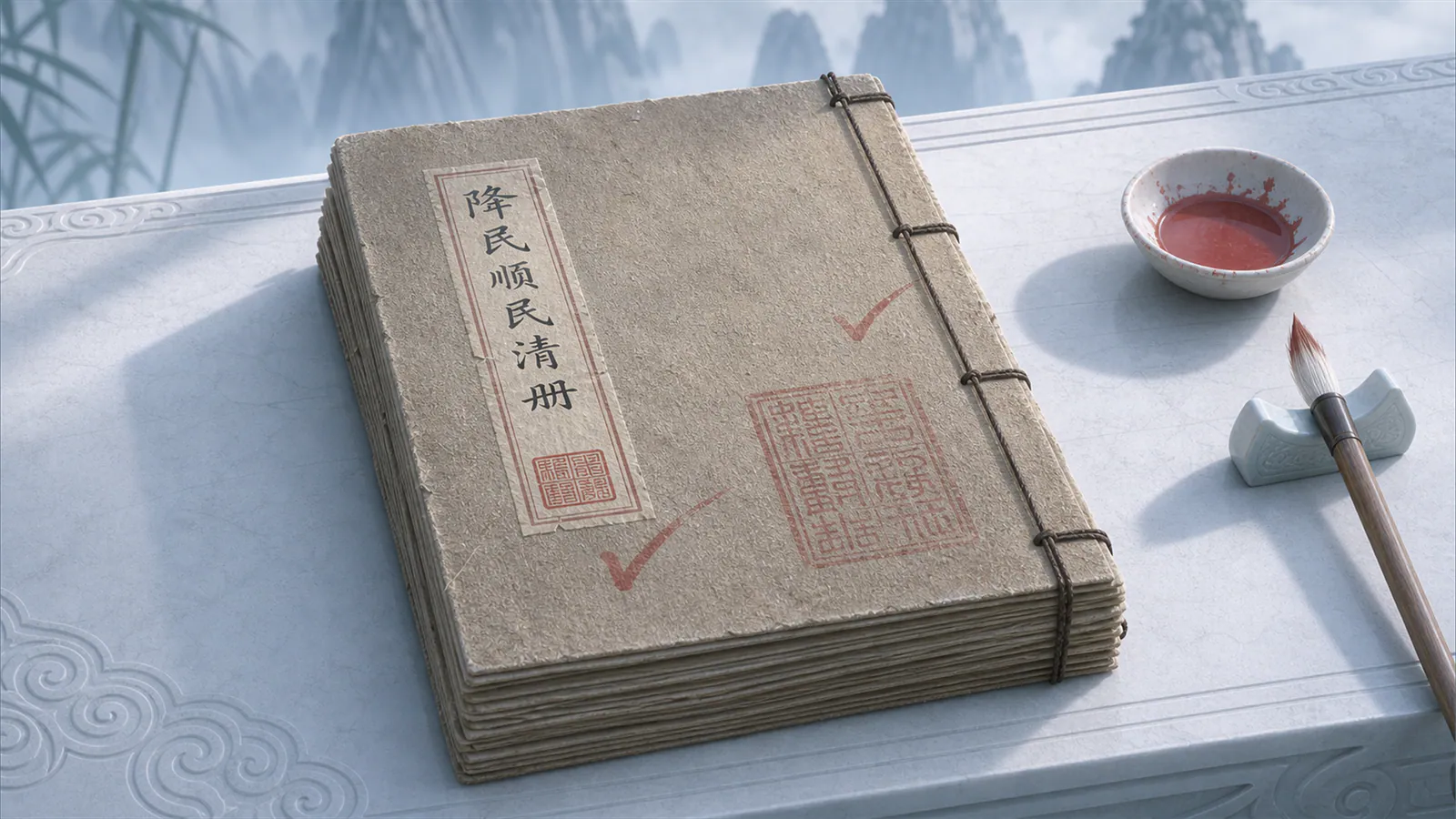 PROP ASSETS：episode-01-register-cover-jiangmin-shunmin-qingce-3d-cg-v2-style-corrected-3840x2160.png