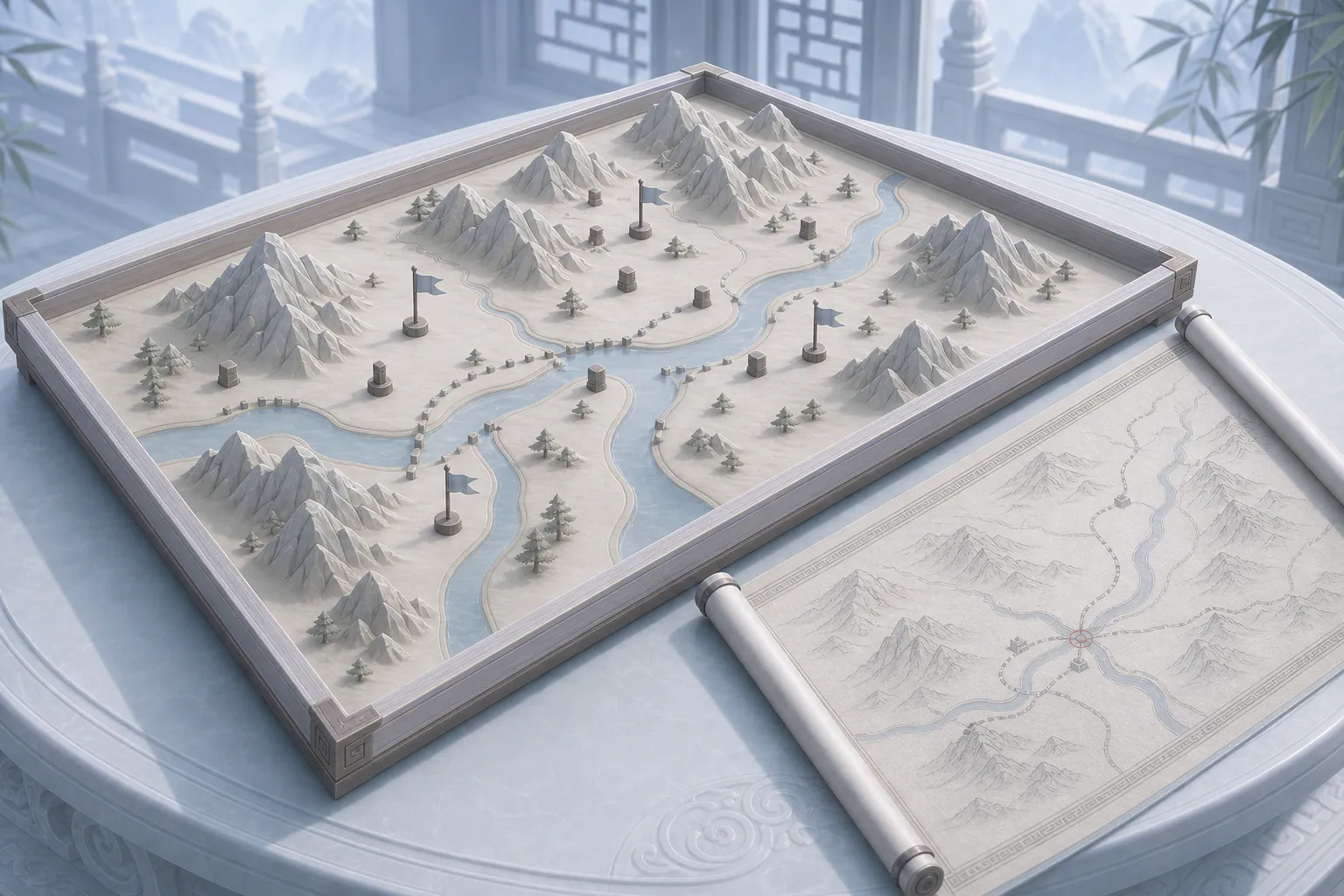 PROP ASSETS：sanguan-map-and-sandtable-prop-3d-cg-anime-candidate-v3-cleaner-cg.png