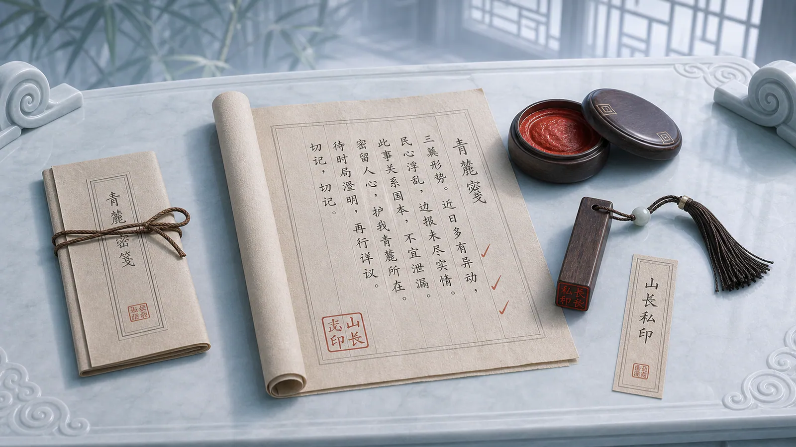 PROP ASSETS：qinglu-private-seal-secret-letter-prop-3d-cg-anime-4k-v2-ancient-text.png