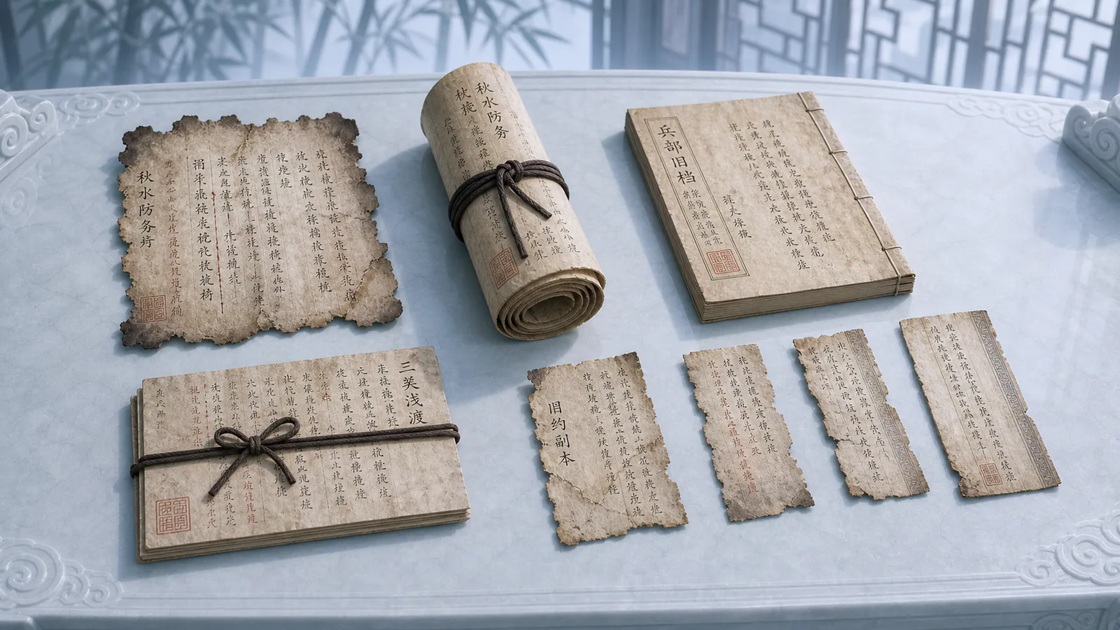 PROP ASSETS：old-fragments-defense-ledger-prop-3d-cg-anime-4k-v2-ancient-text.png
