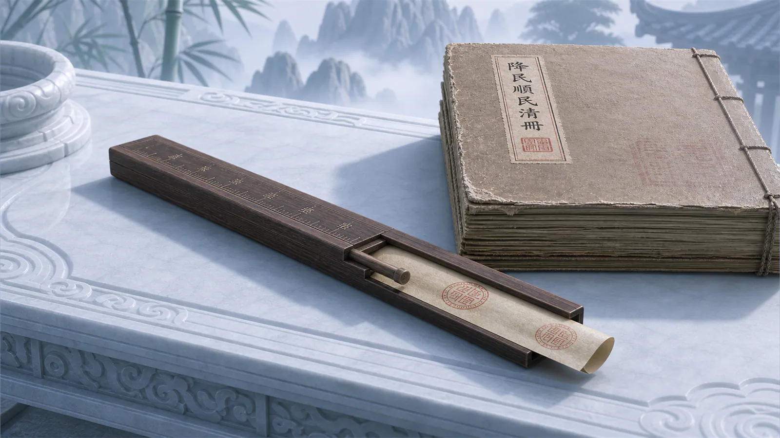 PROP ASSETS：episode-01-qinglu-ruler-hidden-treaty-combo-3d-cg-v2-style-corrected-3840x2160.png
