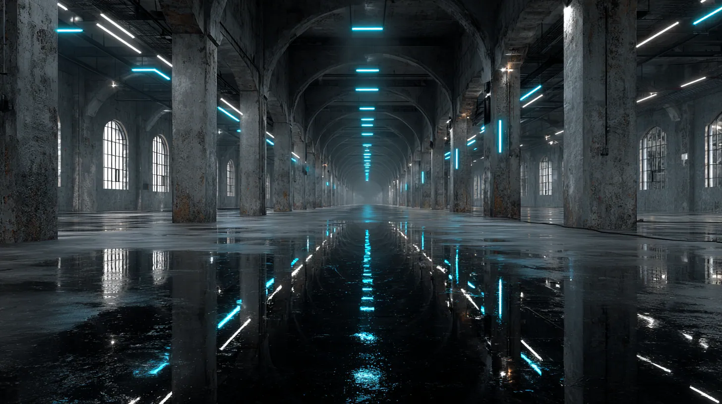 空旷废弃厂房构成的工业 MV 场景