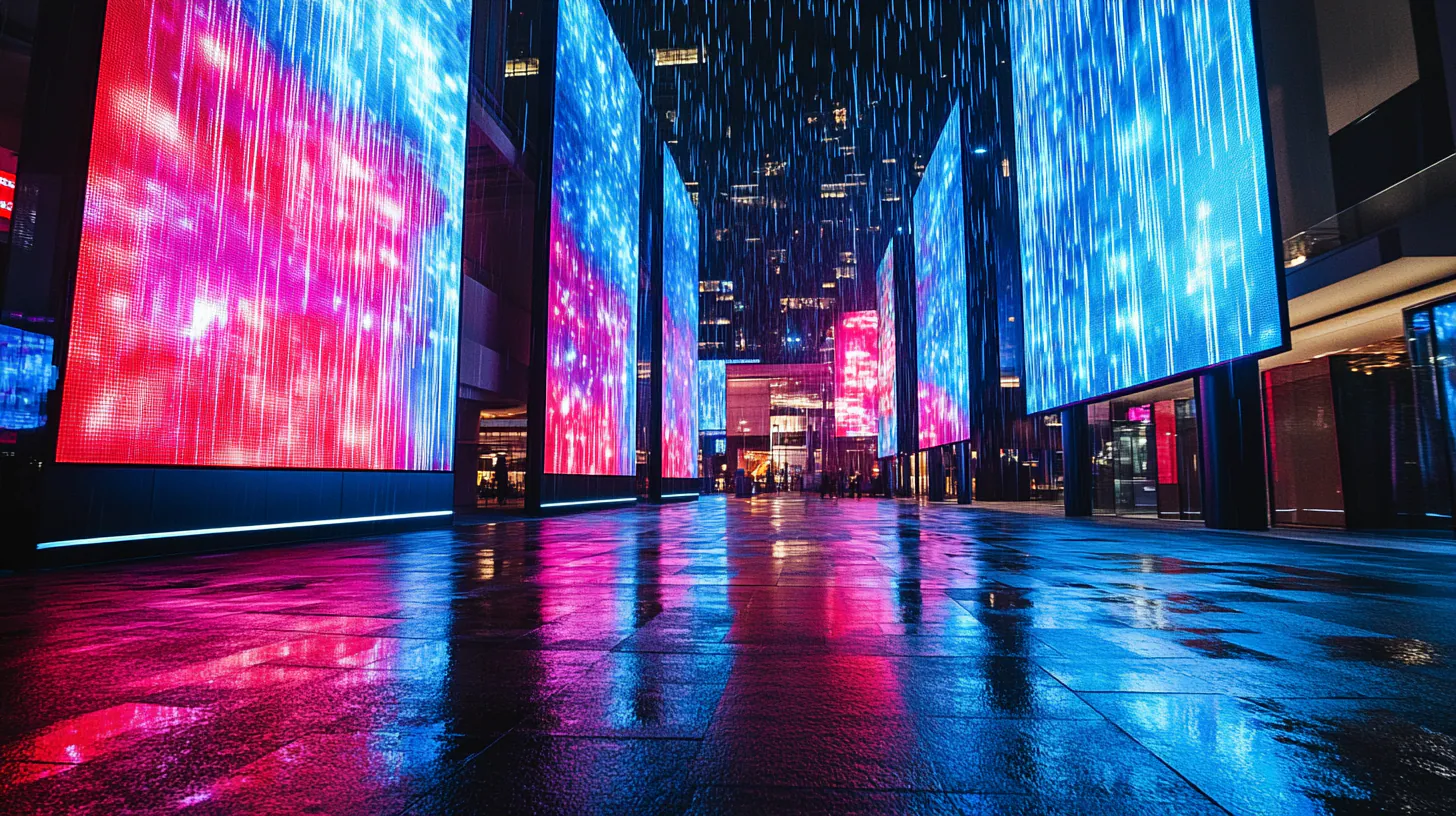 夜间城市广场与巨型竖向 LED 装置场景