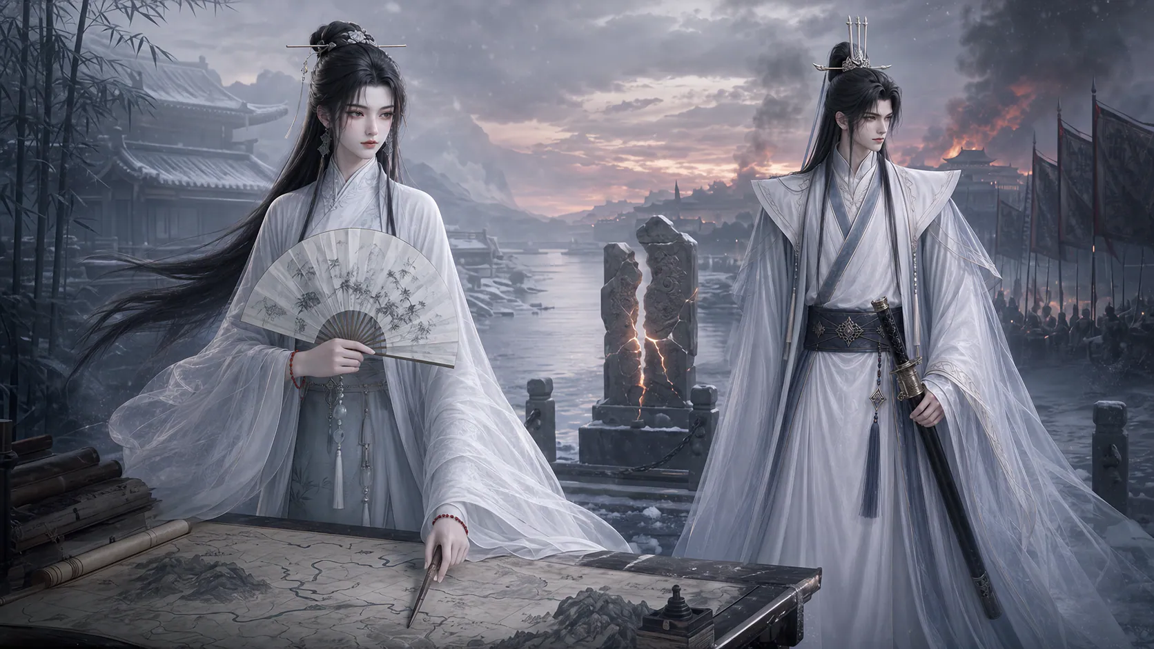 《女先生教会敌国太子灭她故国》两位主角与雪夜战场的代表性海报