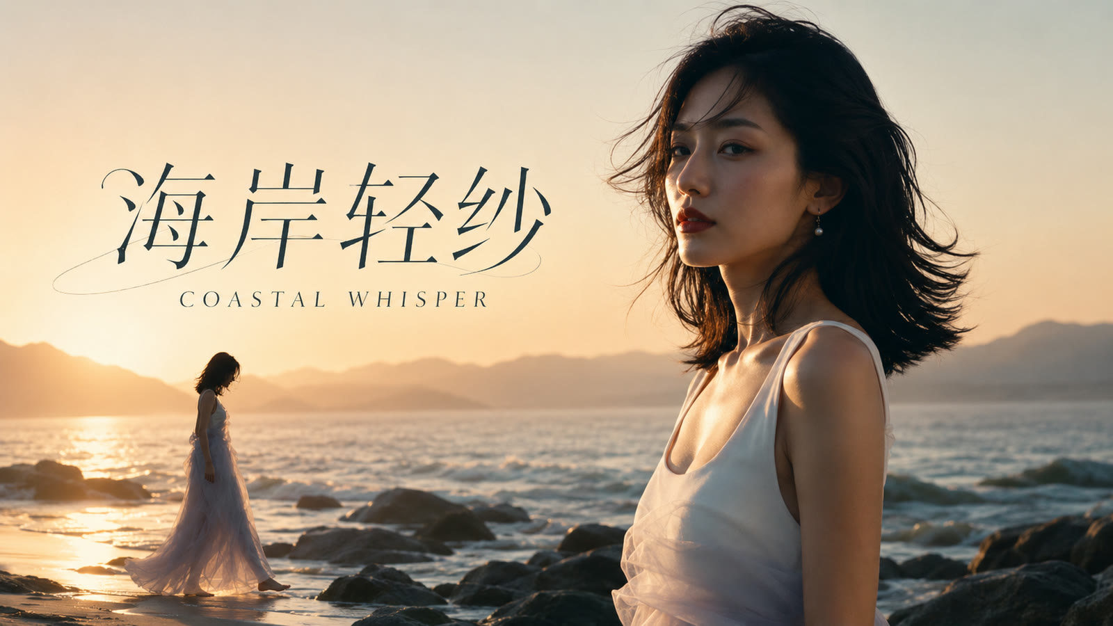 夕阳海岸上穿白色长裙的女性与海岸轻纱标题