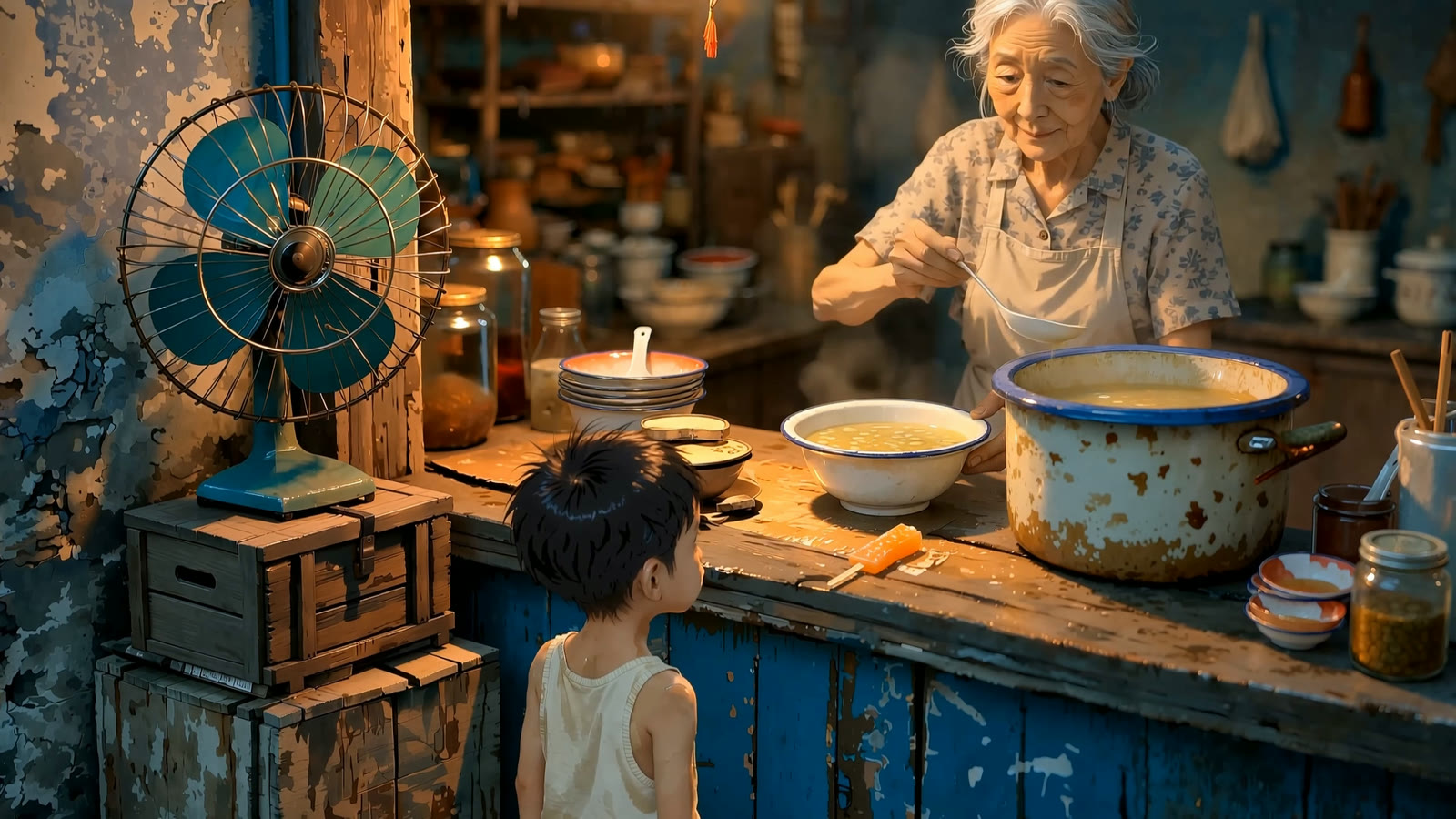 旧厨房里奶奶为孩子盛甜汤